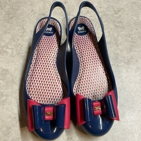 Zaxy women’s blue/pink bow tie PVC sling back ballerina Flats size 9 - Picture 1 of 6